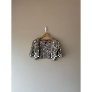 Say What ? y2k sequin silver cropped open front bolero shrug cardigan
